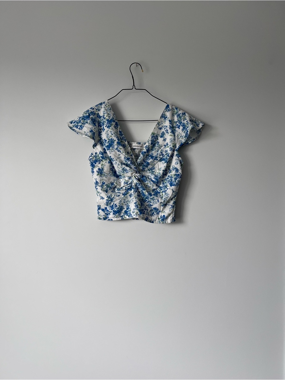White and Blue Floral Twist-Front Crop Top